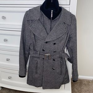 Beautiful black and white herringbone pattern pea coat